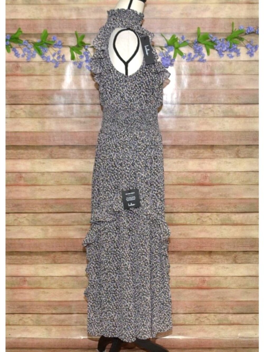 NWT Lulus Size M Evalina Black Micro Dark Floral Mock Neck Midi Dress - Picture 8 of 16